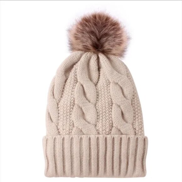 2/$30 Beige Cable-Knit Beanie Hat with Pom-Pom Autumn Winter Women Men Unisex - Picture 1 of 5